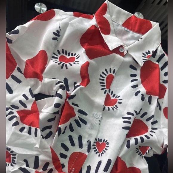 Boho Heart Print Button Down Up Shirt Top Blouse - Picture 11 of 11